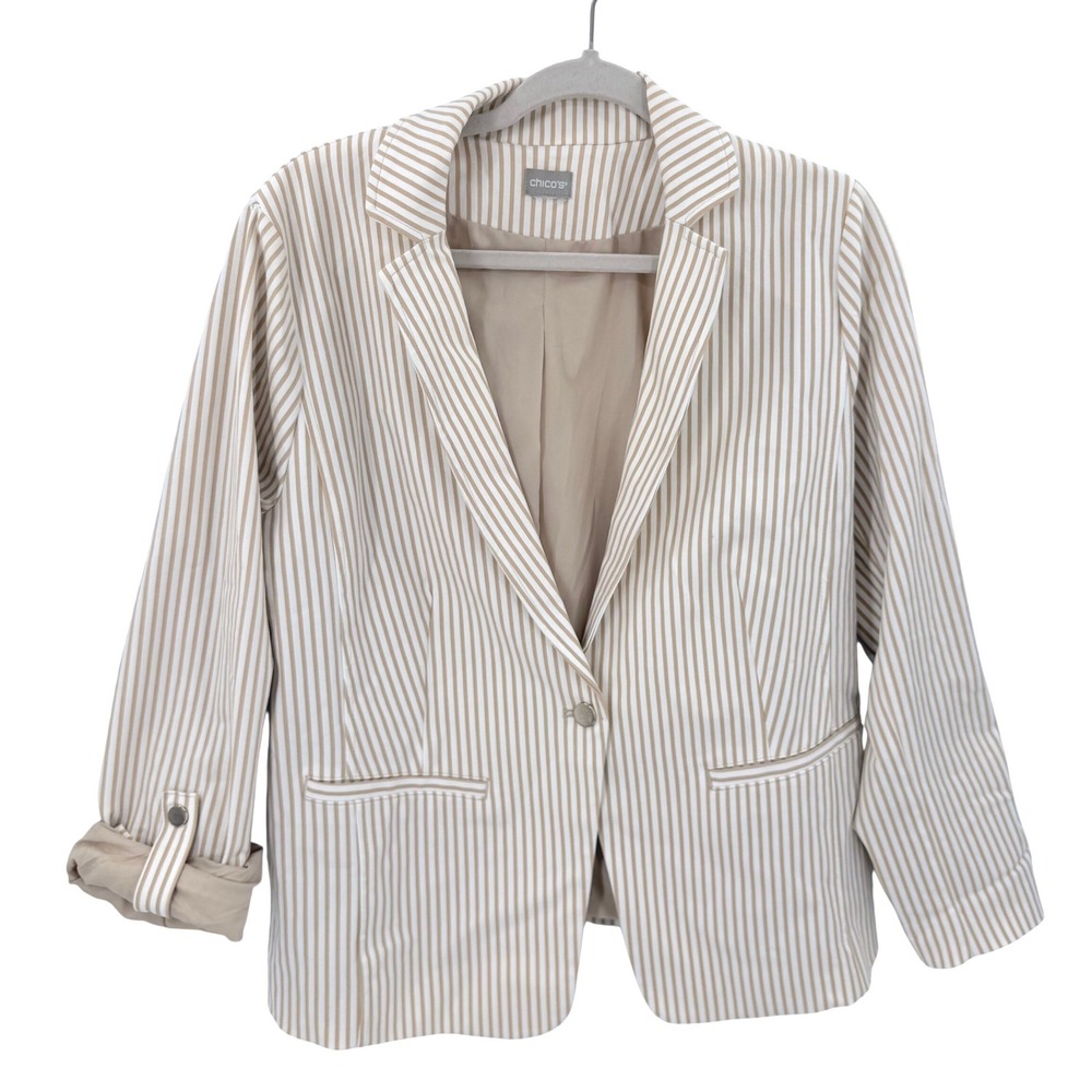Chicos Tan White Striped Single Button Blazer Jacket Roll Tab Sleeve Womens 2